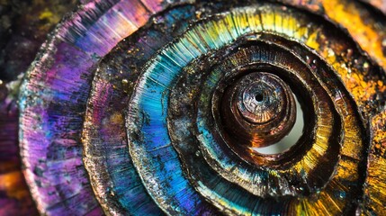 Macro photograph showcasing a metallic spiral structure with iridescent color
