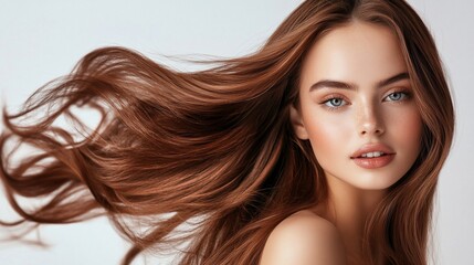 Fototapeta premium Stunning young woman with luxurious, flowing auburn hair blowing in the wind
