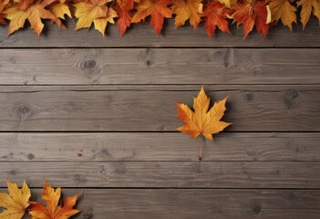 Obraz premium Close-up of autumn maple leaves on weathered wood planks , backdrop, fall