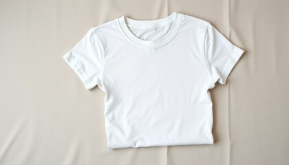 Top-Down Shot of a Crisp White T-Shirt Displayed on a Light Beige Surface with Gentle Folds, Promoting Simplicity and Versatility