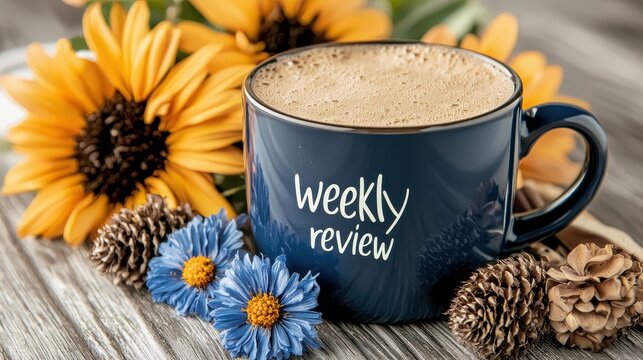 Frothy Coffee in Dark Blue Mug with Sunflowers and Pine Cones