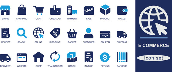 E-commerce icon set with cart, payment, checkout, delivery, refund, barcode, and sale icons. Perfect for online store, shopping app, and retail UI design.