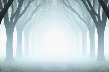 Obraz premium Enchanting foggy forest with lush green trees and vibrant leaves creating a magical landscape experience