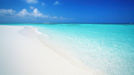 Fototapeta premium Serene beach scene under a vast clear blue sky with gentle waves lapping at the shoreline and soft sand