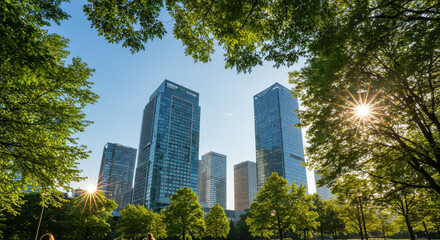 Obraz premium Skyscrapers & Sunshine: Urban Oasis in Tokyo, Japan - Nature & Modernity Intertwined!