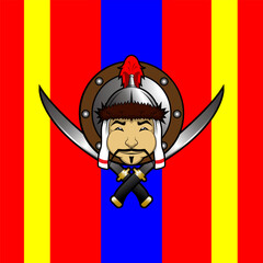 Mongolian Knight Head with Shield and Double Sword.