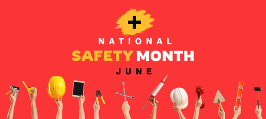 Many hands with construction tools and blank tablet computer on red background