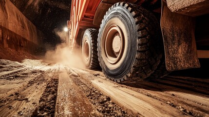 Heavy Duty Mining Truck in Action, Transporting Materials on a Dirt Road