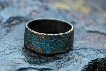 Rustic and Weathered Metal Ring with Unique Texture and Color Contrast on Natural Stone Background for Artistic Stock Photography