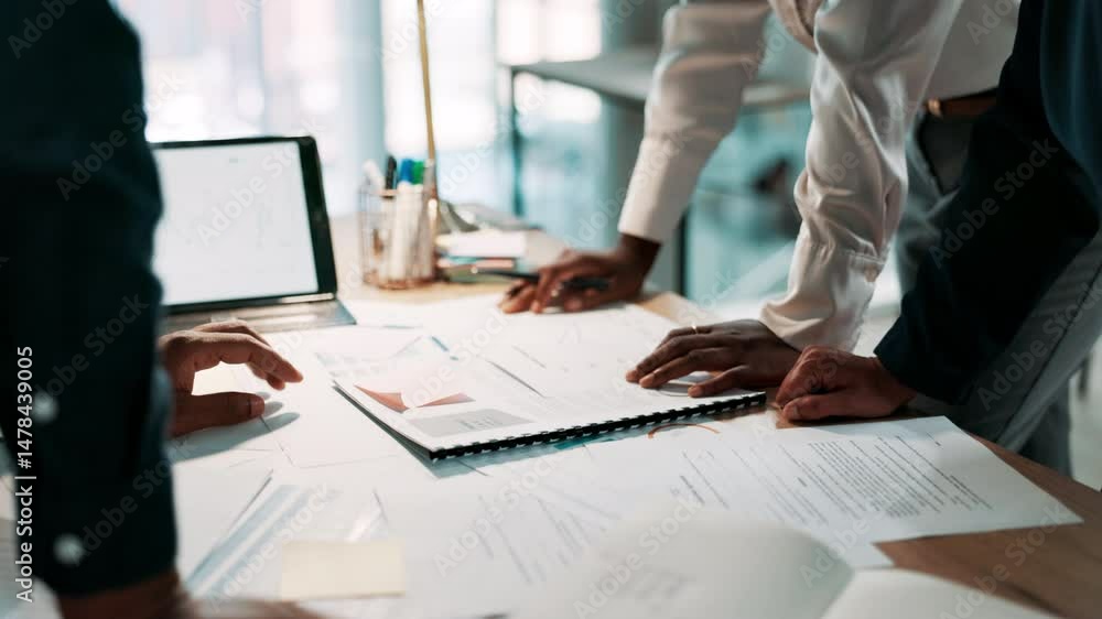 Poster business paperwork, hands and people with tablet in office for data analysis, performance report and