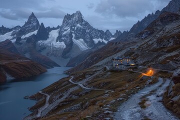 A remote mountain lodge glows warmly at dusk, surrounded by rugged peaks and a tranquil alpine lake.