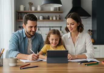 Happy family with child learning online with a tablet at home; parents helping daughter with homework, representing homeschooling and modern parenting.