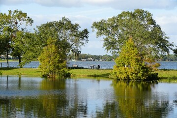Peaceful reflections on the still water, mirroring the surrounding trees and sky near Lake Hartridge Nature Park, Winter Haven, Florida, U.S