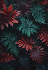 Intricate dark jungle leaves, vibrant emerald, crimson, sapphire hues , crimson red, wallpaper, deep green