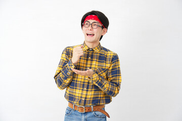 Fototapeta premium アキバ系の男性 ひらめく 白背景