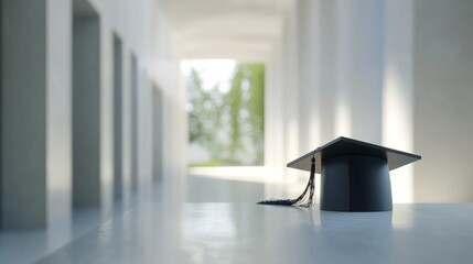 Graduation theme, diploma and hat on white surface, blurred academic corridor generative ai