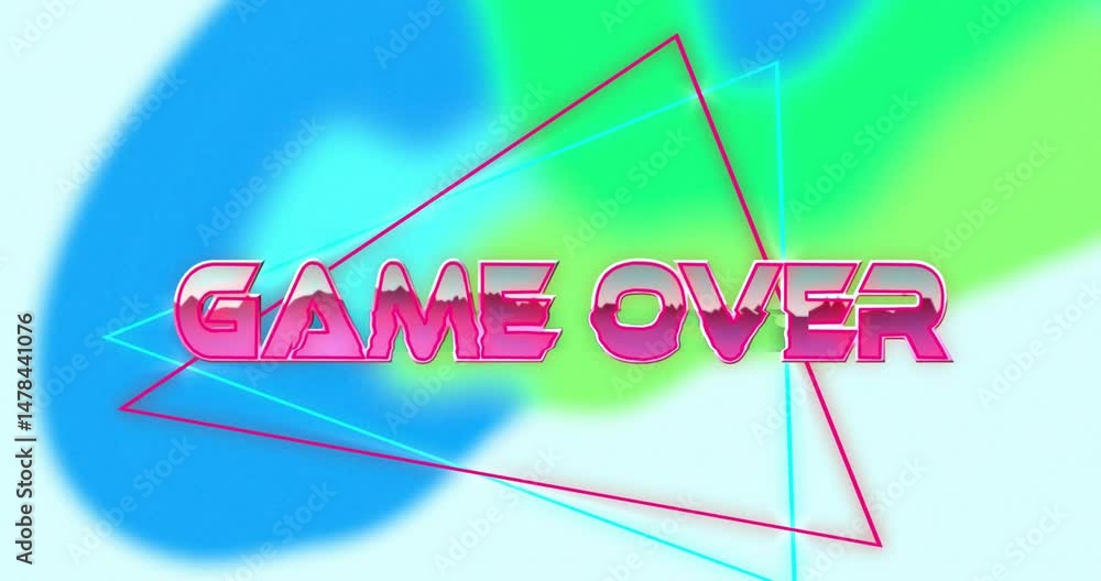 Poster game over text floating over pastel gradient blobs and neon triangle outlines in flat design