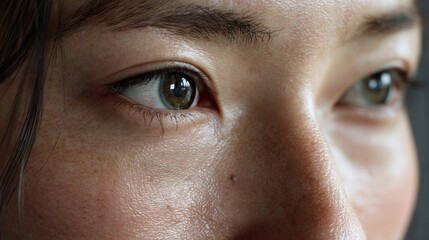 A closeup of a digital avatars face with hyperrealistic skin textures and eye movements that convey a range of emotions enhanced by the subtle feedback from the webcams input.
