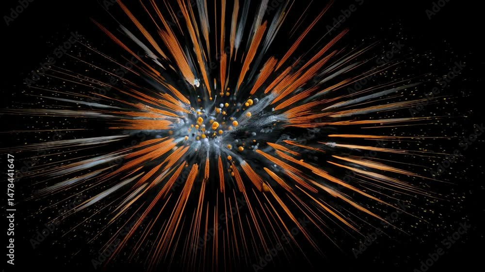 Poster abstract flow of orange filaments and spheres creating dynamic visual texture on a dark space, motio