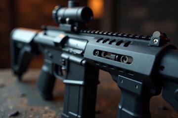 Obraz premium A close-up shot of a military-grade weapon, showcasing its intricate details and powerful build , assault rifle, projectile, combat