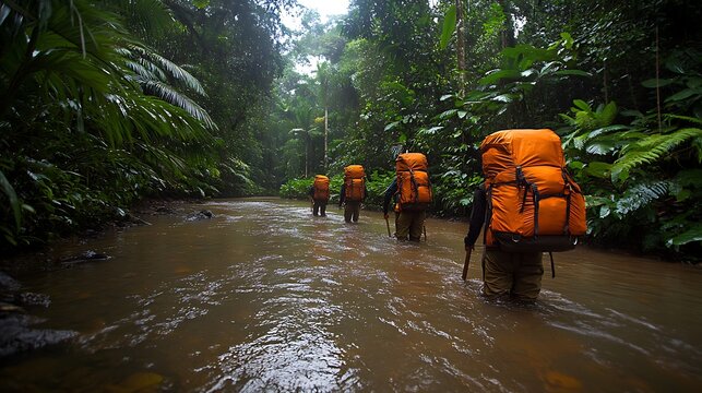 Hikers Crossing Rainforest Stream.