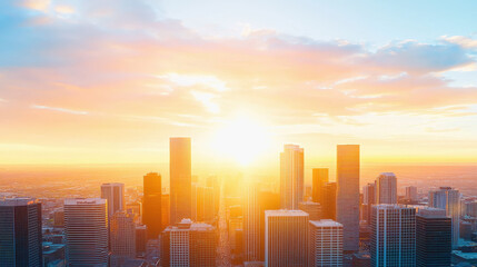 Fototapeta premium Breathtaking city skyline silhouetted against a vibrant sunset with warm colors reflecting on modern buildings