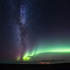 Aurora Borealis and Milky Way Over Dark Landscape