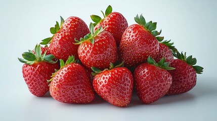 Fresh, ripe strawberries piled high.  Juicy, vibrant red berries with green tops.  A close-up view