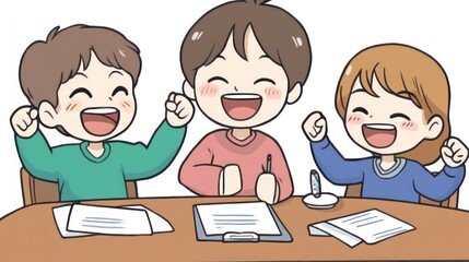 Joyful Children Celebrating Success After Completing Their Homework Together