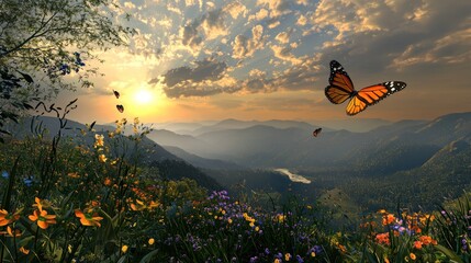 A sunrise over rolling hills with wildflowers and butterflies