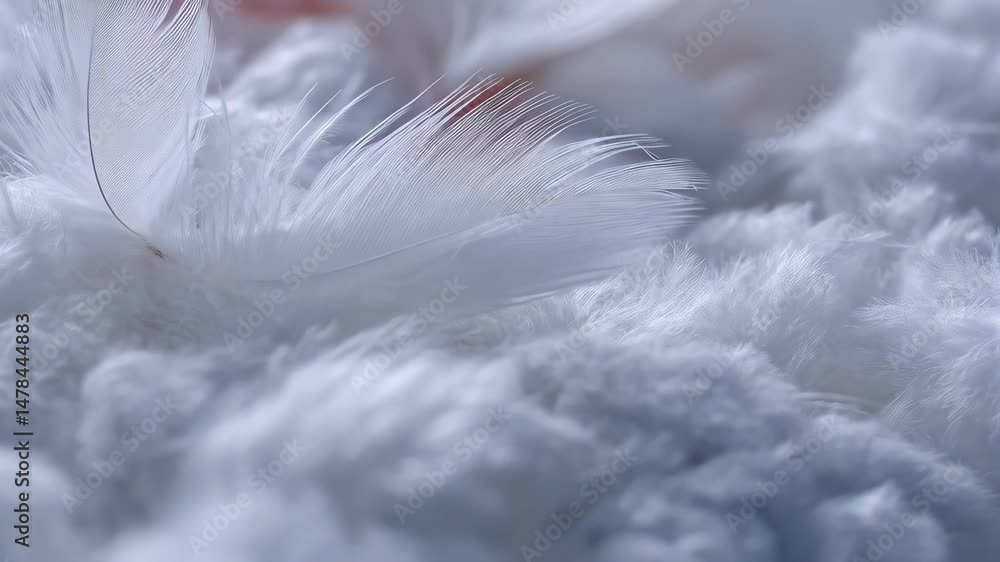 Poster white feather resting on soft, downy material with airy texture, creating a gentle, fluffy and delic