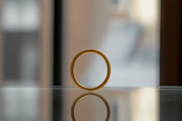 Elegant gold ring displayed on a reflective surface, showcasing intricate details and craftsmanship, perfect for jewelry advertisements, online portfolios, and creative designs.