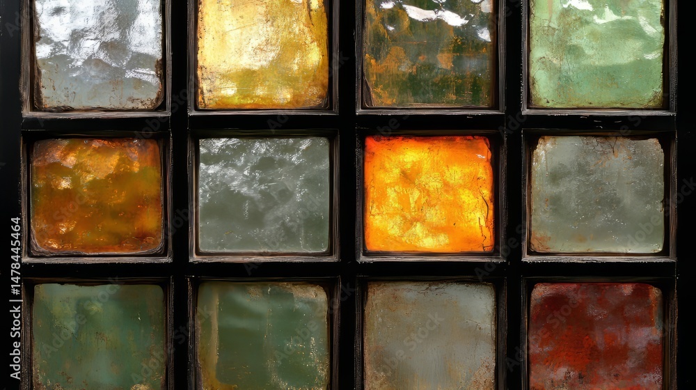 Poster color palette: a mesmerizing array of stained glass tiles glows with warm colors, each tile a unique