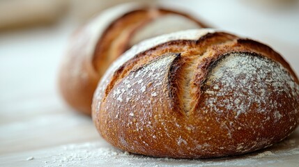 Freshly baked loaves of bread.  Close-up view of crusty sourdough
