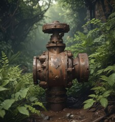 Leaky valve, corroded metal, dim lighting, overgrown vegetation,  dark,  machinery,  overgrowth