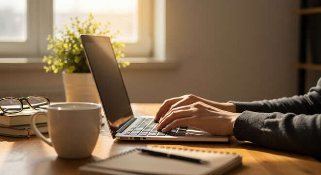 Cozy Workspace: Laptop, Coffee, and Productivity - Home Office, Remote Work, Focus, & Inspiration Await!