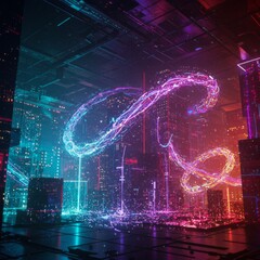 Abstract Glowing Neon Particles in Futuristic Cityscape