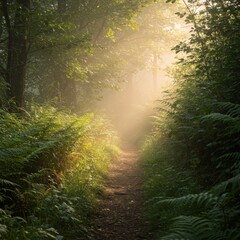 Obraz premium Sunlit Forest Path with Morning Mist