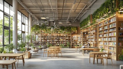 Modern, light-filled reading room with abundant greenery and bookshelves.