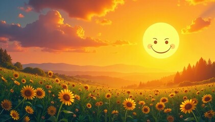 Smiling sun peeking over a bright, cheerful Monday morning Perfect for calendars, social media, or websites , fresh, light