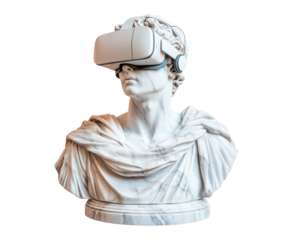 Marble statue of a classical figure wearing virtual reality headset isolated on transparent background