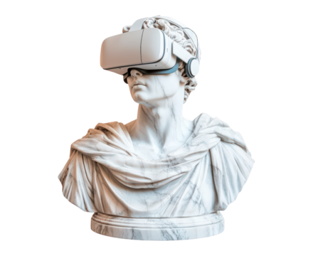 Marble statue of a classical figure wearing virtual reality headset isolated on transparent background