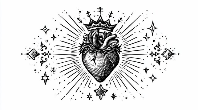Crowned anatomical heart bursting with light