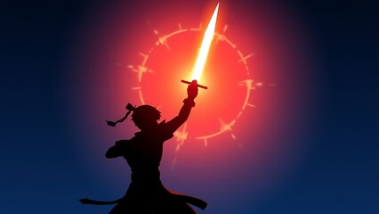 Warrior Raising a Glowing Sword Before a Red Sigil