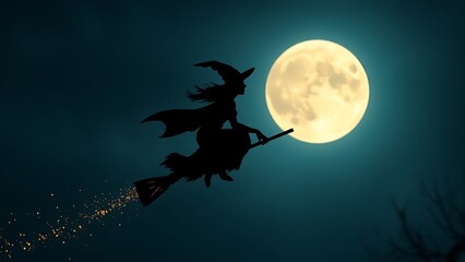 Witch on Broom with Fiery Trail Under the Moon