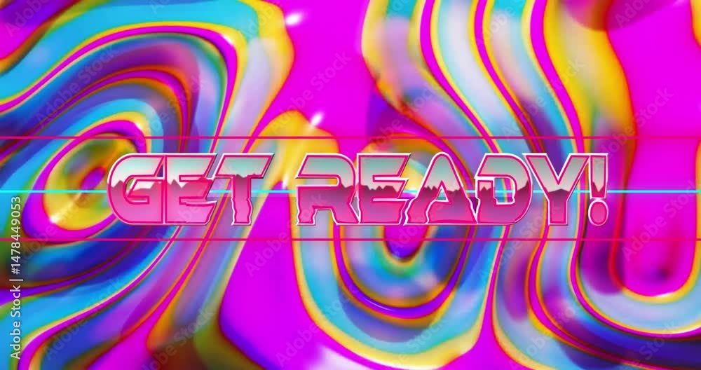 Poster get ready! text being animated over swirl backdrop, featuring retro glitch lines in red and cyan