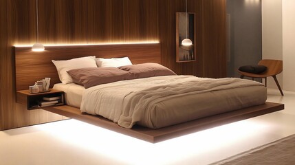 Modern bedroom interior with floating bed and ambient lighting creates a relaxing atmosphere