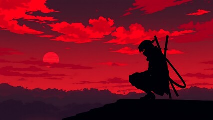 Masked Ninja Silhouette on a Cliff Under a Red Sky
