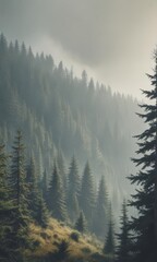 Misty mountain fir forest, vintage film grain effect, forest, woodland, old