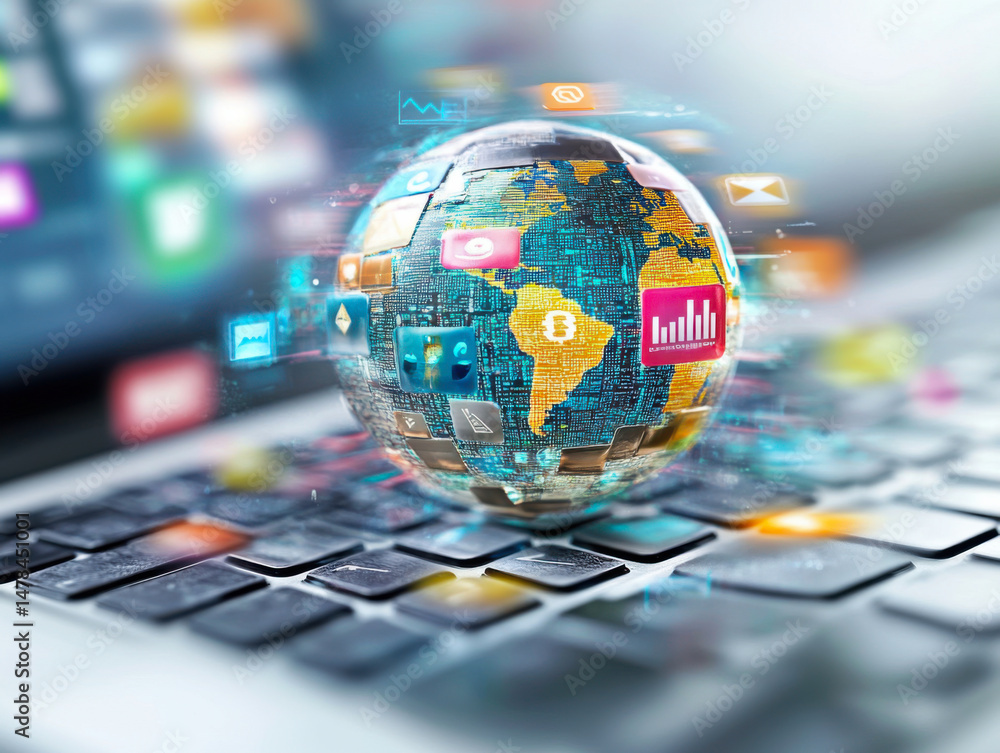 Poster global world network and telecommunication on earth cryptocurrency and blockchain